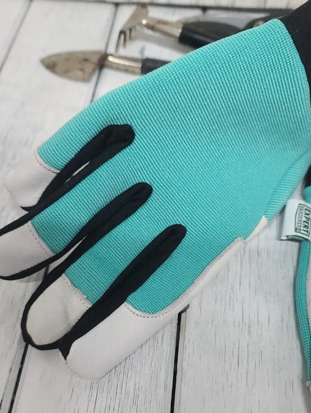 Expert Gardener 2 PAIR Teal Black White Goatskin Palm Gloves Med Velcro NWT